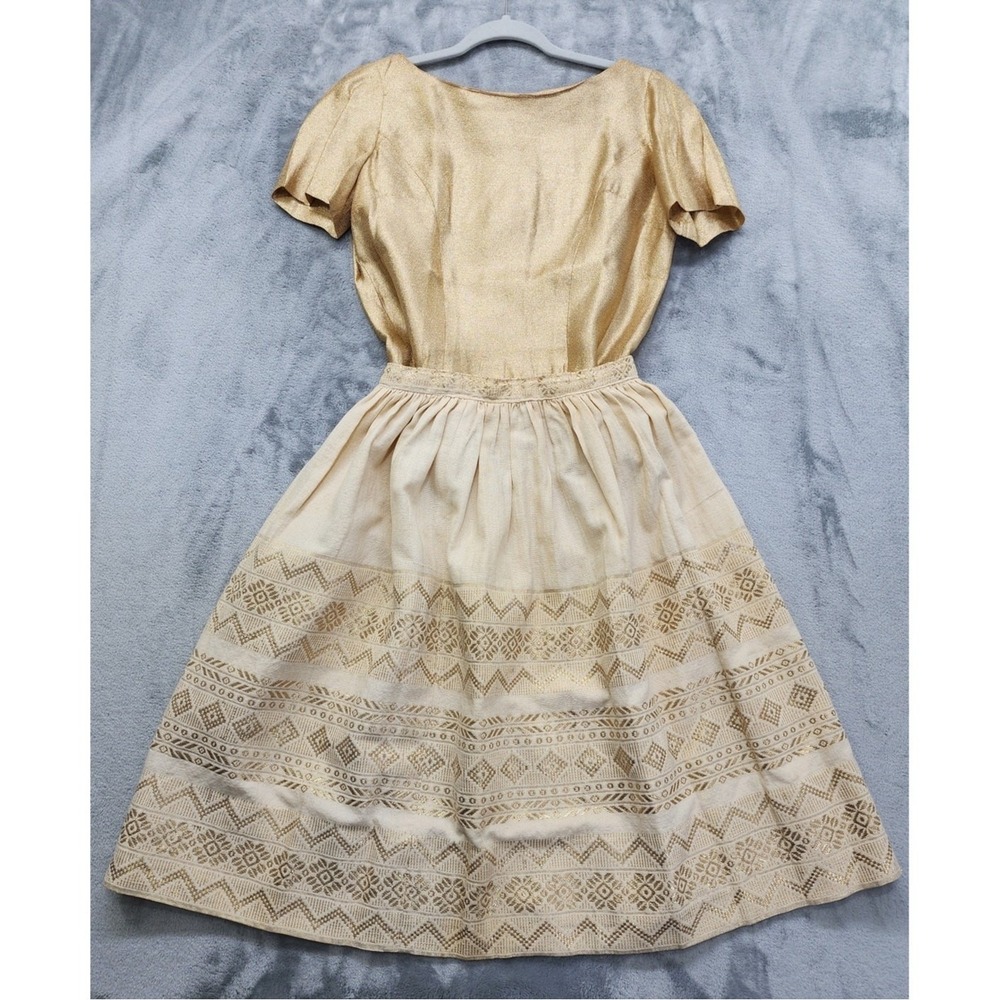 Vintage Skirt Set Womens XS Gold Metallic Button Back Top Guatemalan Folk Skirt